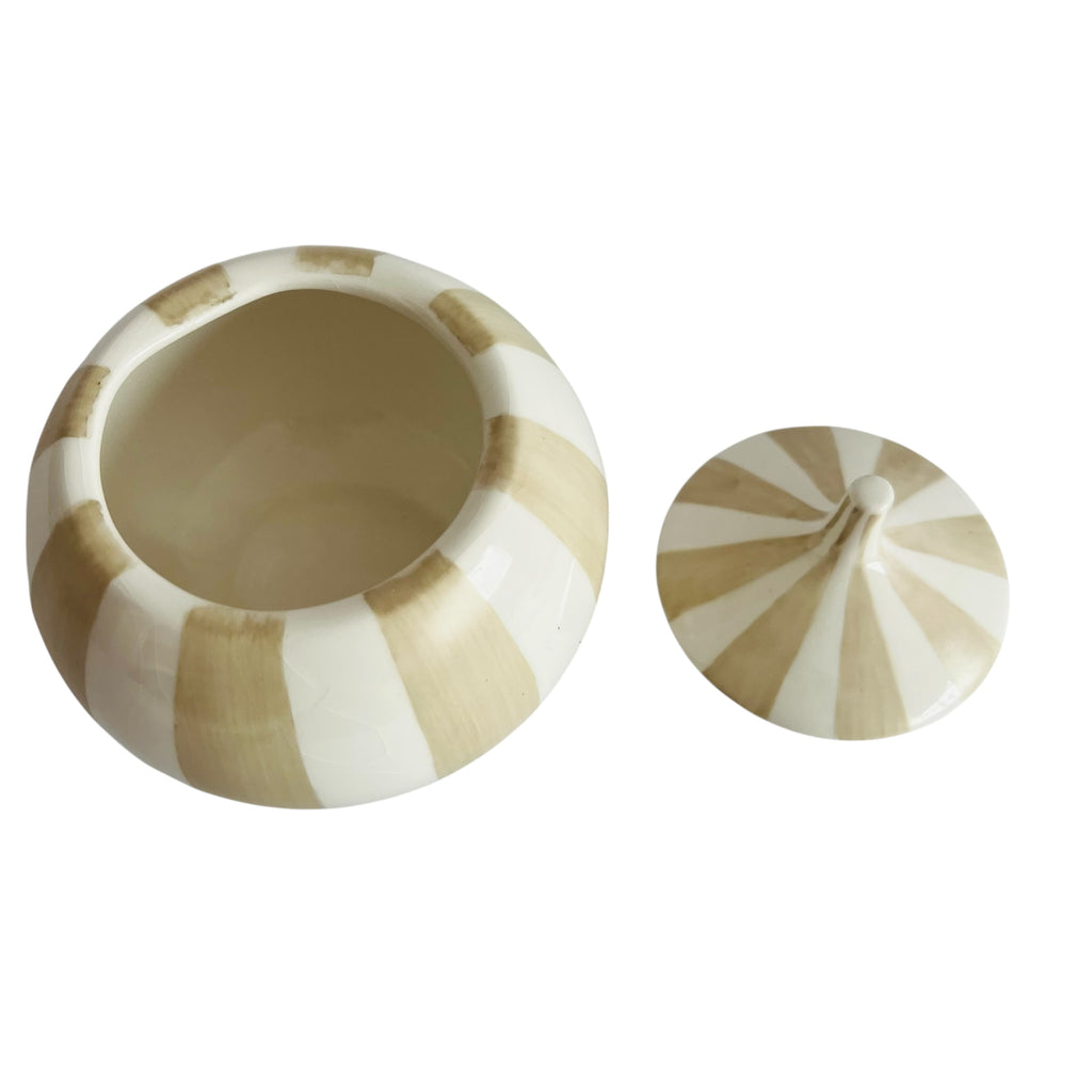 Jonathan Adler Happy Home Cream and Tan Ceramic Striped Jar w/Lid