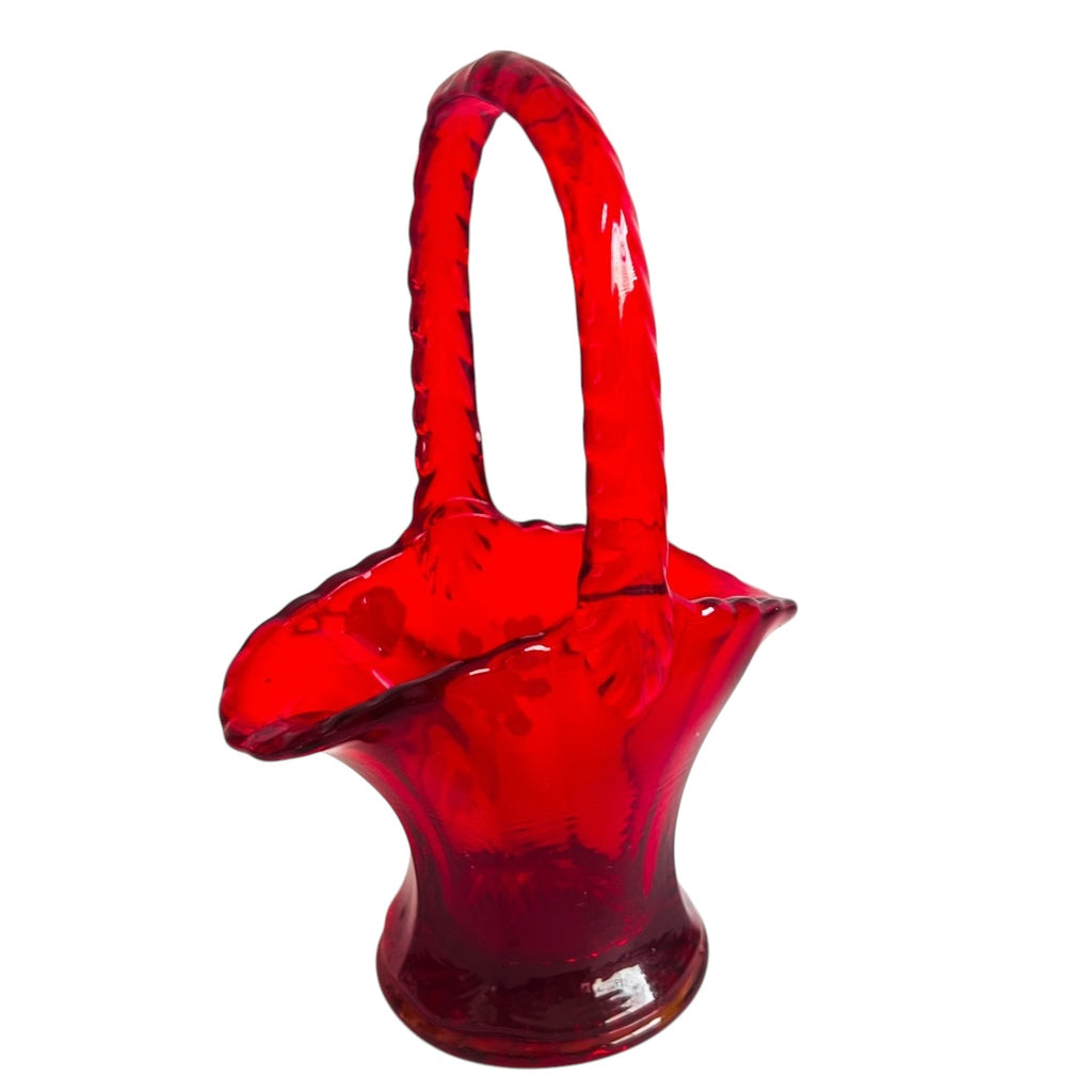 Vintage Westmoreland Ruby Red Art Glass Hand Painted Floral Basket