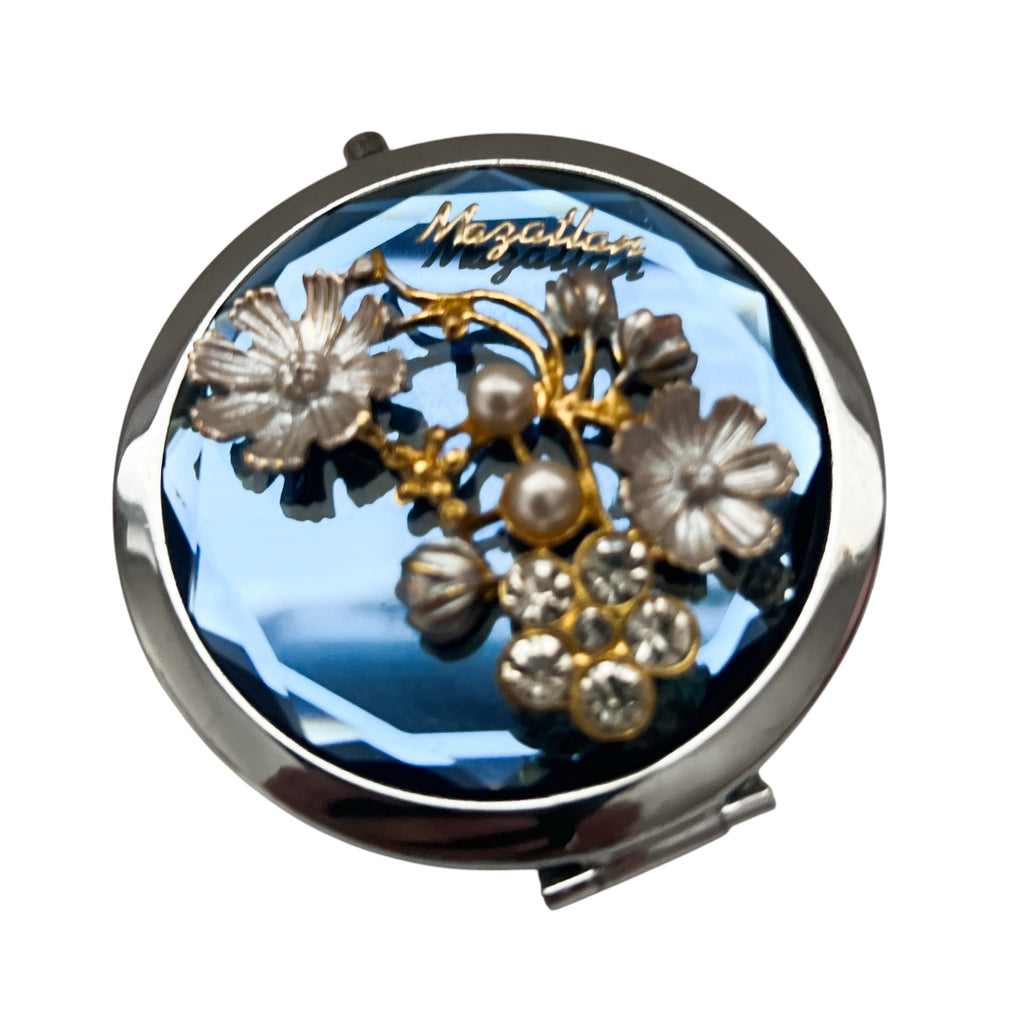 Bejeweled Crystals Beveled Glass Mazatlan Souvenir Blue Flowers Mirror Compact