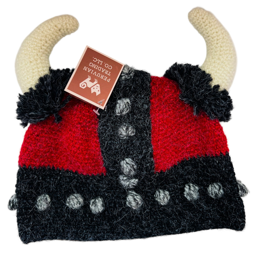 Peruvian Hand Knit Gray & Red Horned Viking Hat