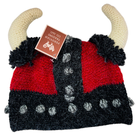 Peruvian Hand Knit Gray & Red Horned Viking Hat