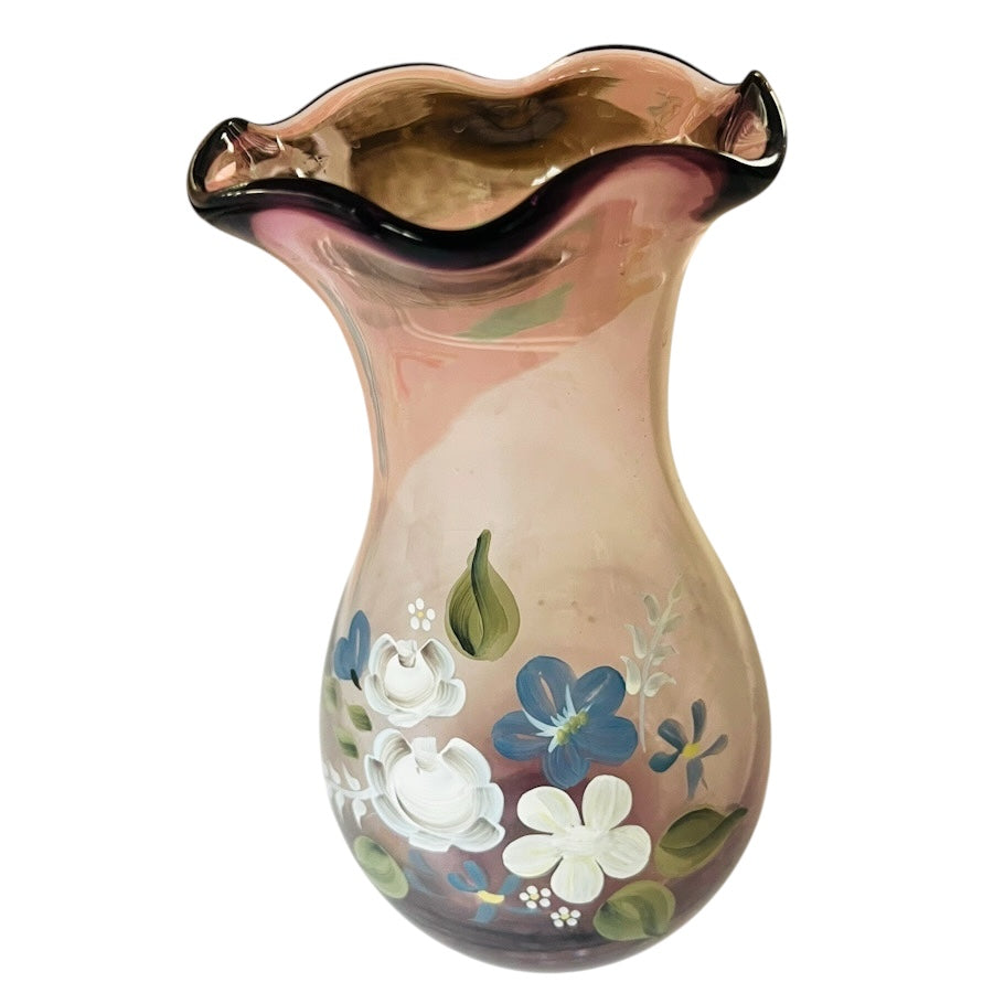 Fenton Teleflora Floral Hand Painted Ruffled Edge Vase