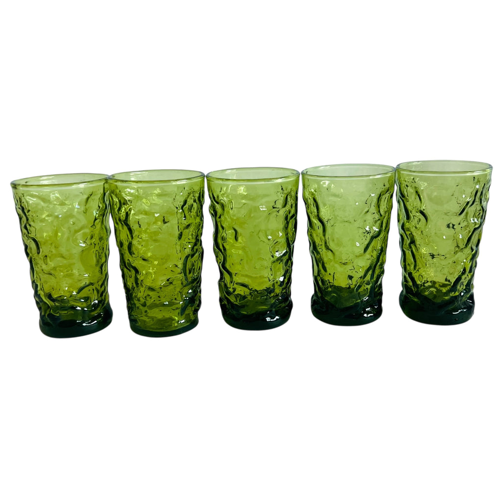 Vintage Avocado Milano Lido Crinkle Glass Cup Tumblers Set of 5