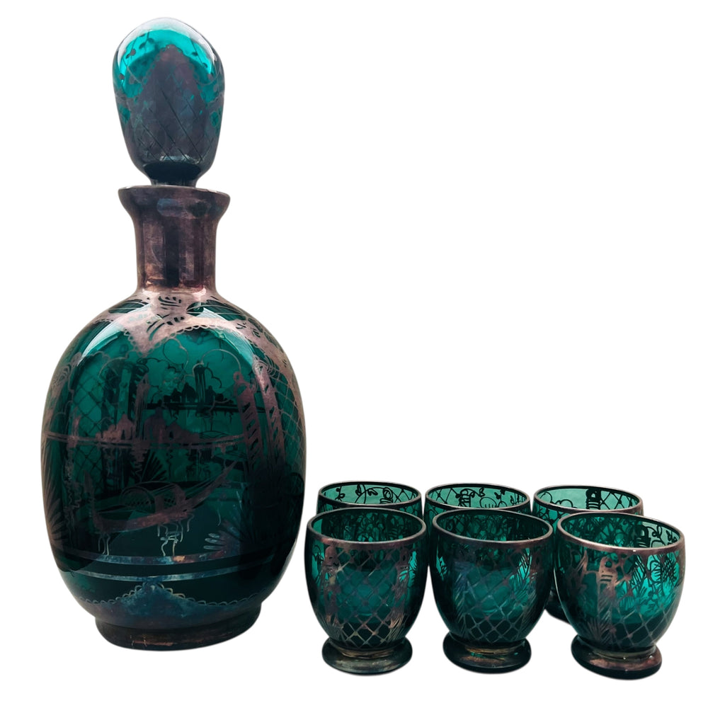 Vintage Emerald Glass Decanter & Silver Overlay 6 Glasses Set