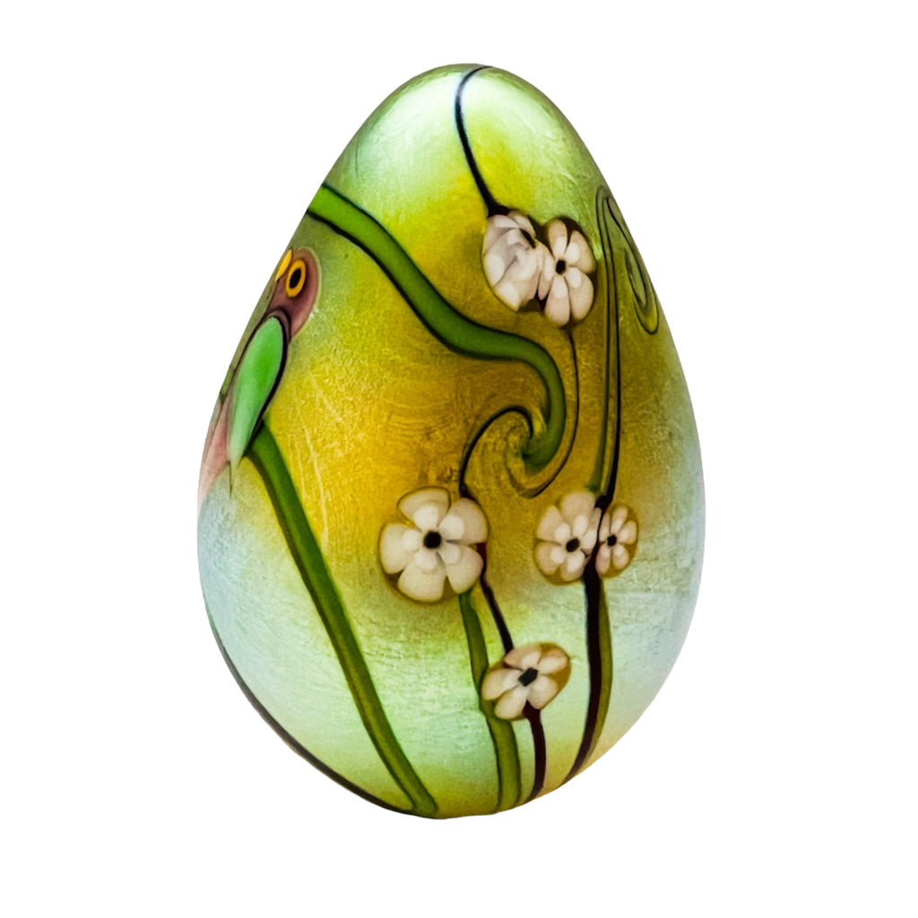 Orient & Flume Bird & Flowers Egg Shape Gold Art Glass Signed Paperweight