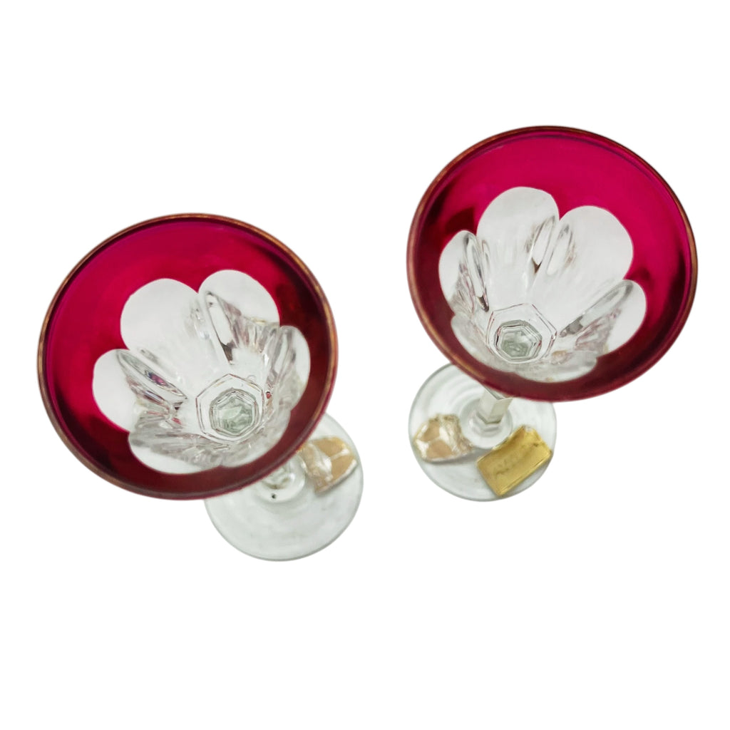 Vintage Set Of 2 Avitrah Cranberry Crystal Wine Glasses