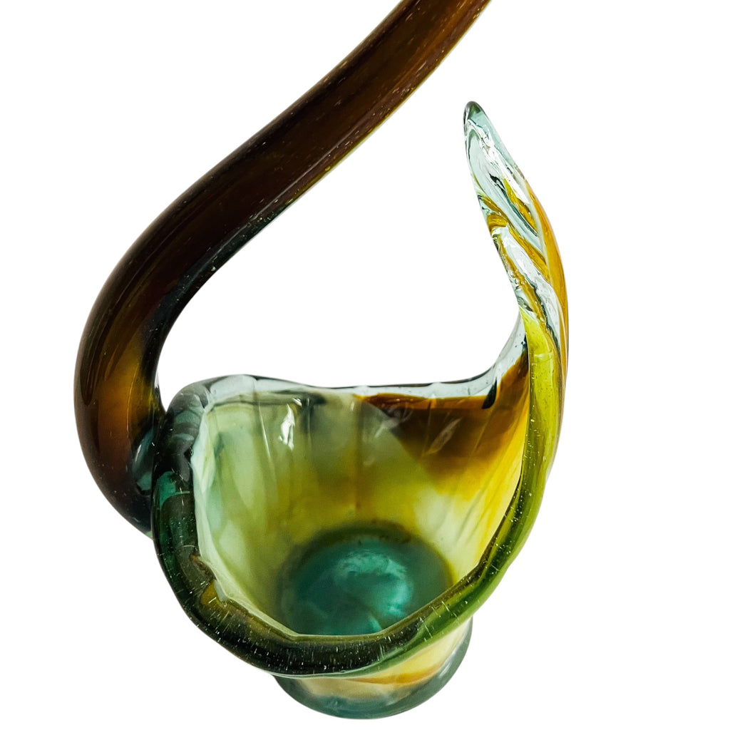 Vintage Glass Swan Basket Tall Hand Blown Green Brown Swirl Art Glass