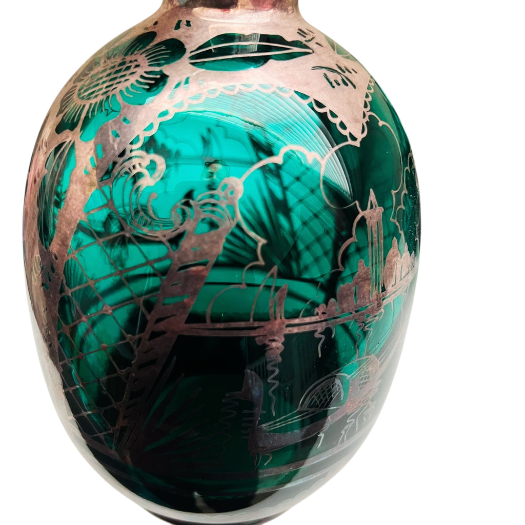 Vintage Emerald Glass Decanter & Silver Overlay 6 Glasses Set