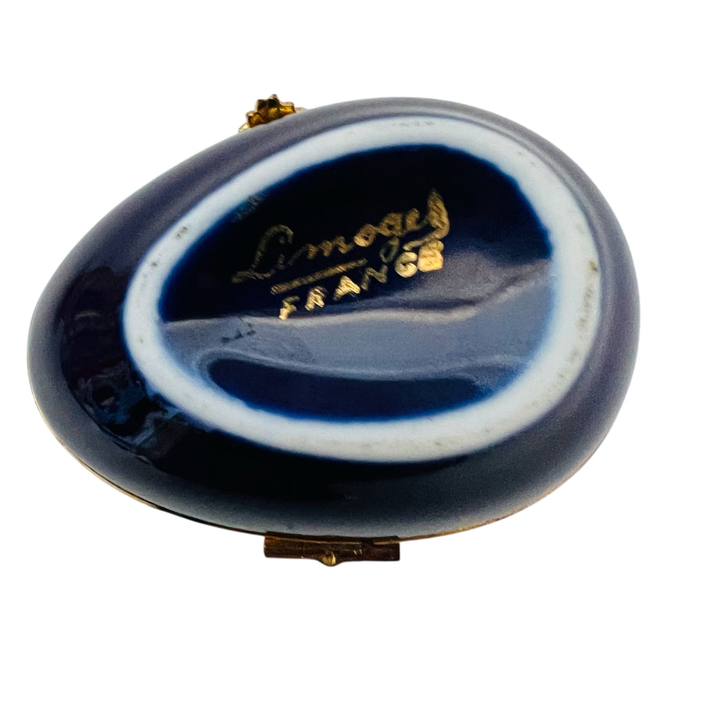 Vintage Limoges France Hand Painted Porcelain Cobalt Blue Hinged Egg Trinket Box