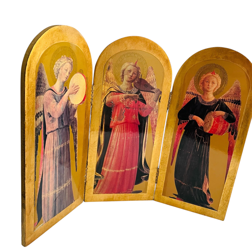 Vintage Italian Triptych Religious Icon Gold Folding Angel Panel