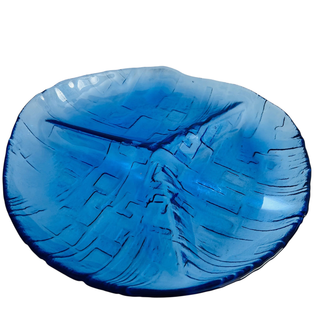 Vintage MCM Cobalt Blue Art Glass Divider Serving Plate