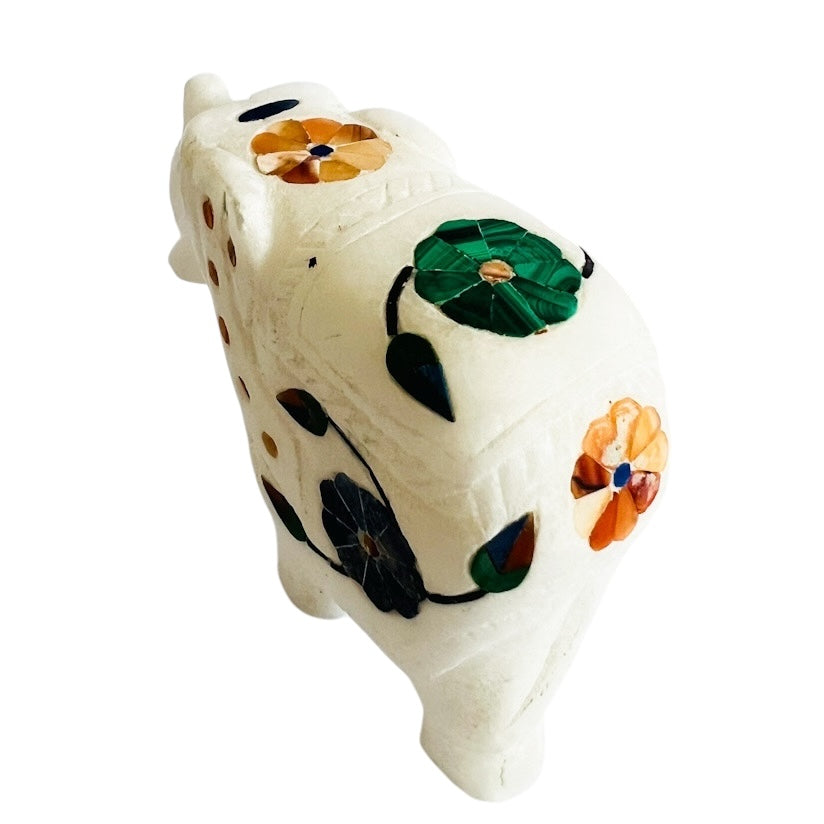 Vintage White Marble Elephant Sculpture Floral Gemstone Figurine
