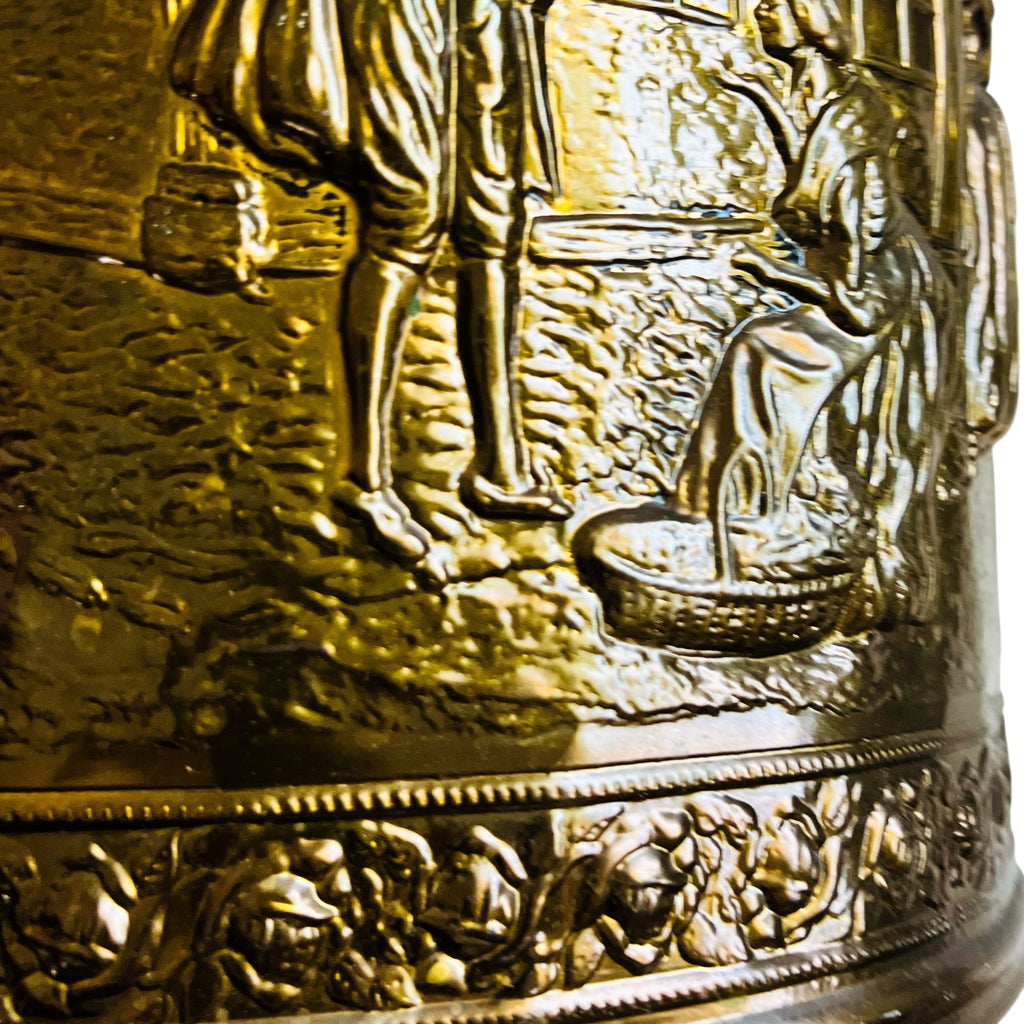 Vintage Brass Colonial Scene for Coal or Firewood Brass Bucket with Handle