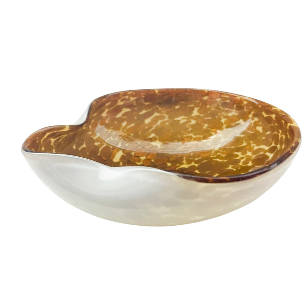 Vintage Murano Brown Gold Glitter Inclusions Cased White Bowl