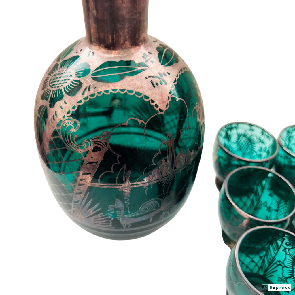 Vintage Emerald Glass Decanter & Silver Overlay 6 Glasses Set