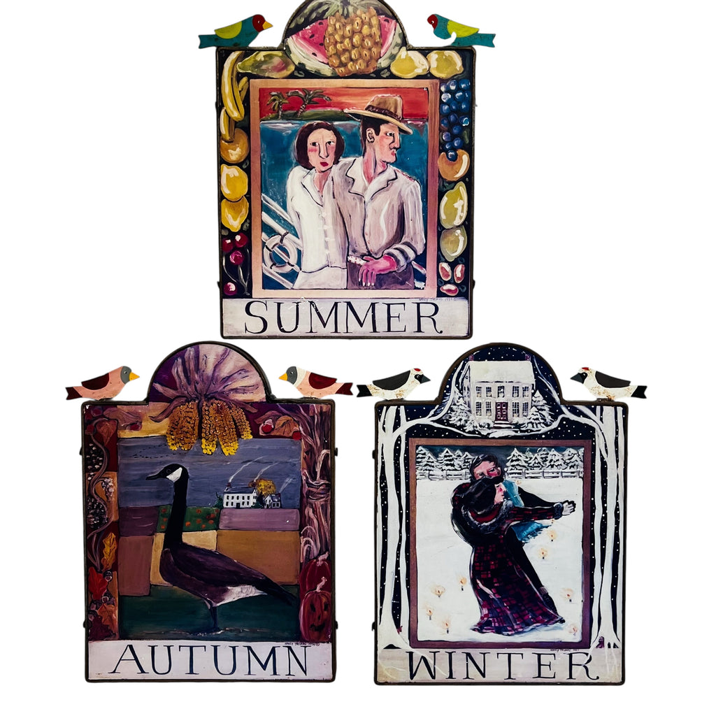 Nancy Thomas Folk Art Plaque Seasonal Wall Art Set - Summer, Autumn, Winter