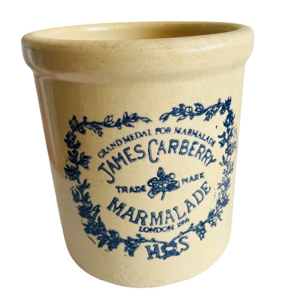 Vintage Blue James Carberry Marmalade Crock Stoneware Pottery Farmhouse