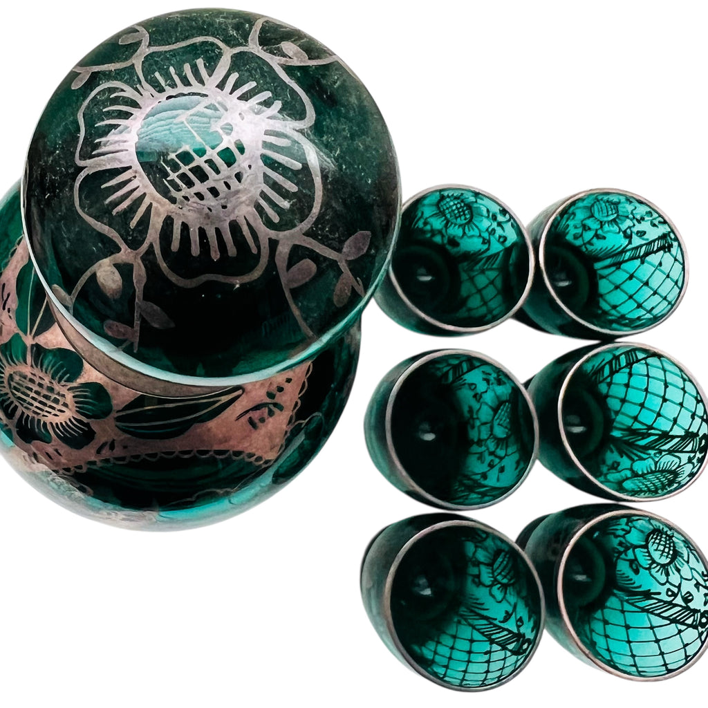 Vintage Emerald Glass Decanter & Silver Overlay 6 Glasses Set