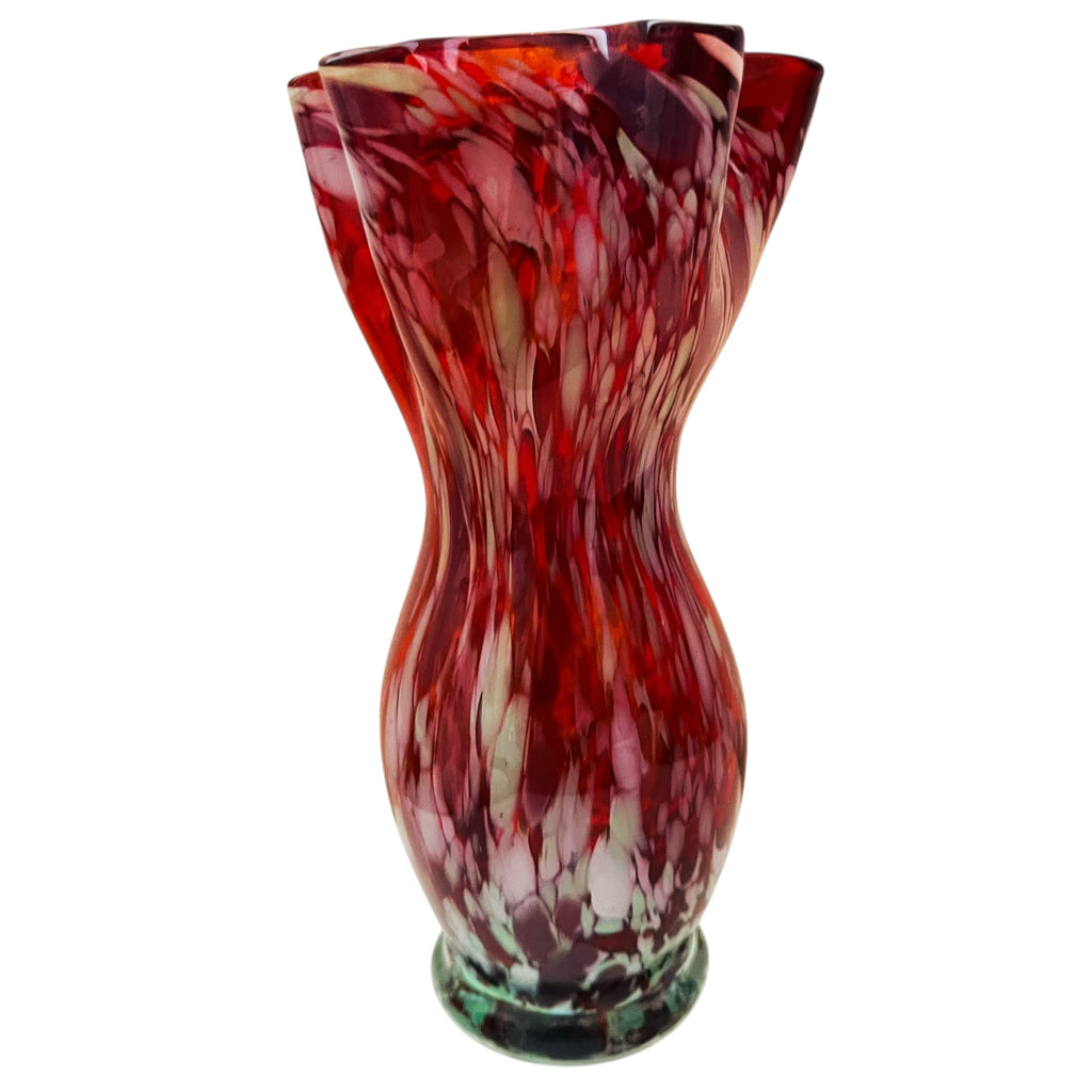 Vintage Art Glass Stretched Ruffle Splattered End Of Day JAPAN Vase