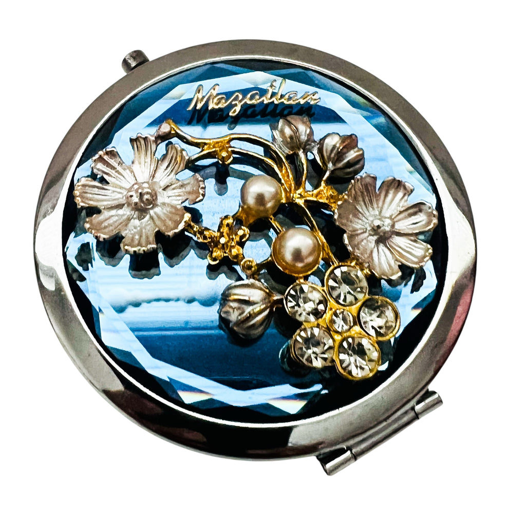 Bejeweled Crystals Beveled Glass Mazatlan Souvenir Blue Flowers Mirror Compact