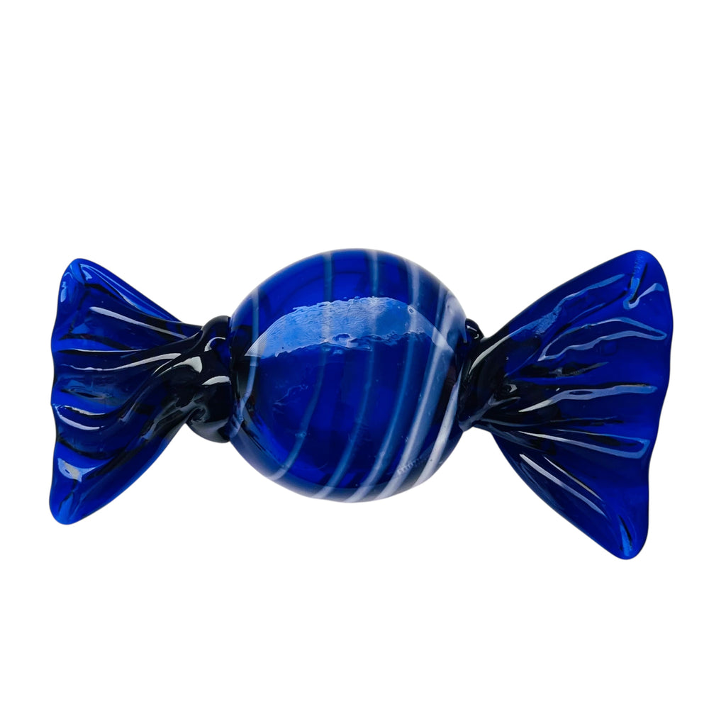Vintage Cobalt Blue Hand Blown Wrapped Hard Candy Blue Clear Art Glass