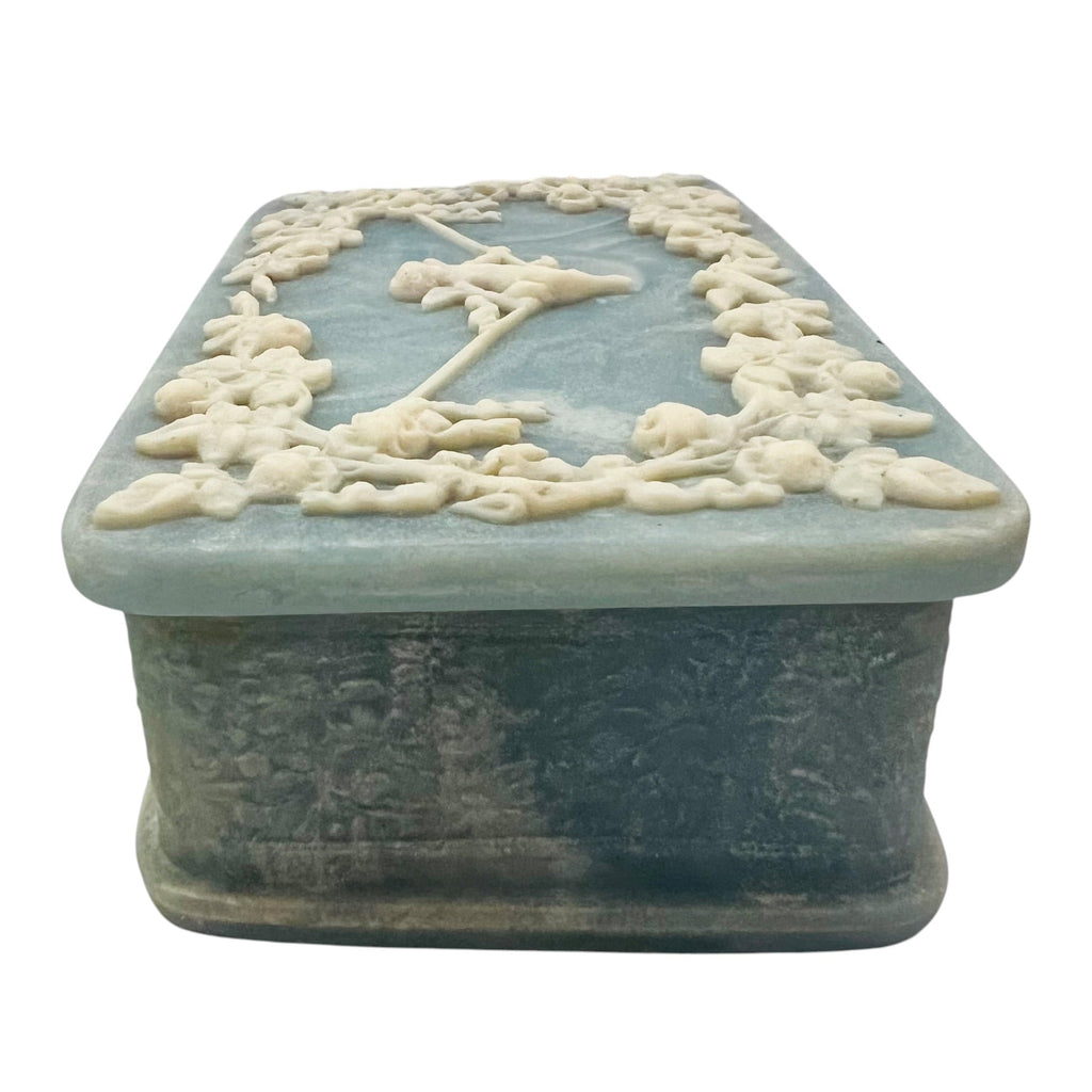 Vintage Incolay Stone Cameo Ornate Floral White & Blue Jewelry Box Trinket