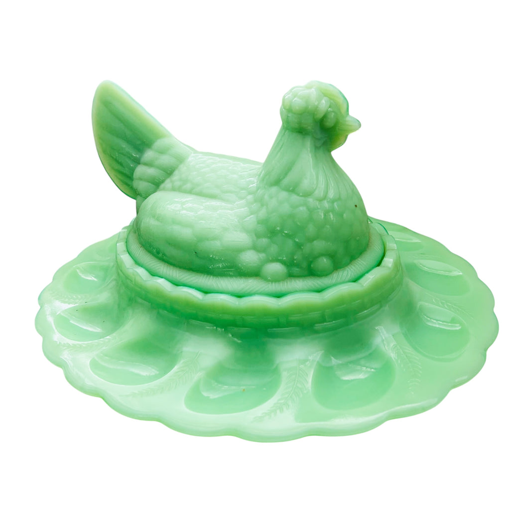 Vintage Fenton Jadeite Hen on Nest Deviled Egg Platter