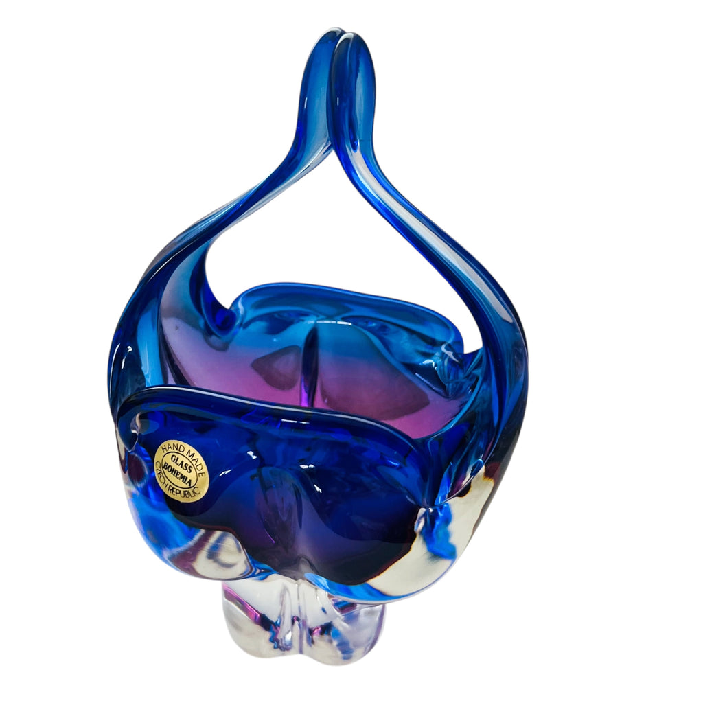 Vintage Czech Republic Art Bohemian Glass Hand Made Basket Bowl