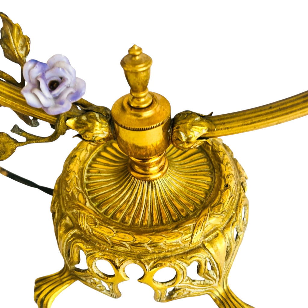 Vintage French Ormolu Porcelain Flowers Tole Toleware Boudoir Gold Circle Lamp