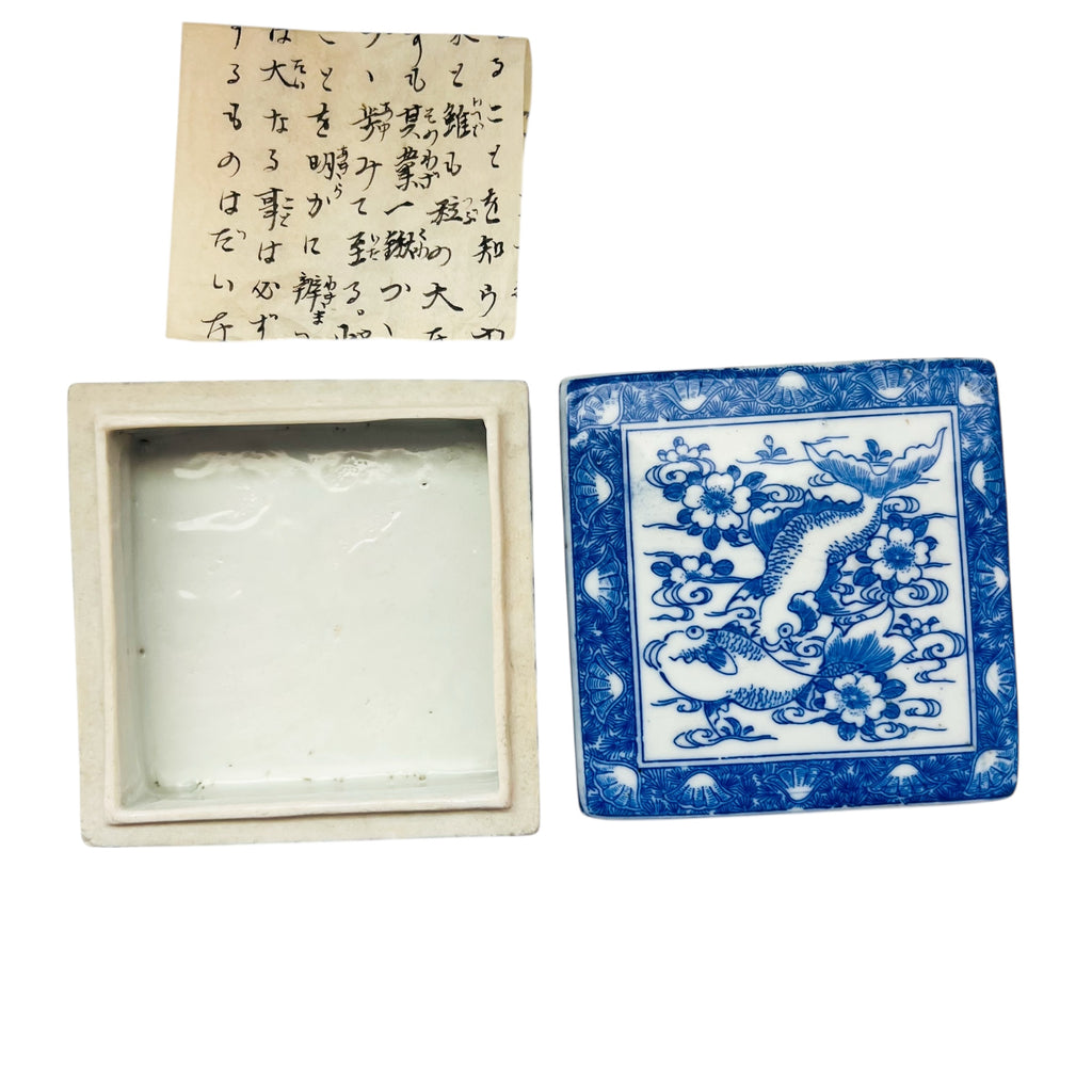 Vintage Chinese Square Blue & White Fish Trinket Box w/Lid