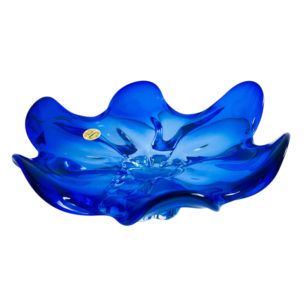 Vintage Czech Bohemian Blue Clear Base Glass Bowl