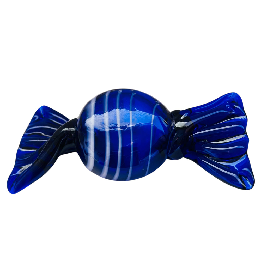 Vintage Cobalt Blue Hand Blown Wrapped Hard Candy Blue Clear Art Glass