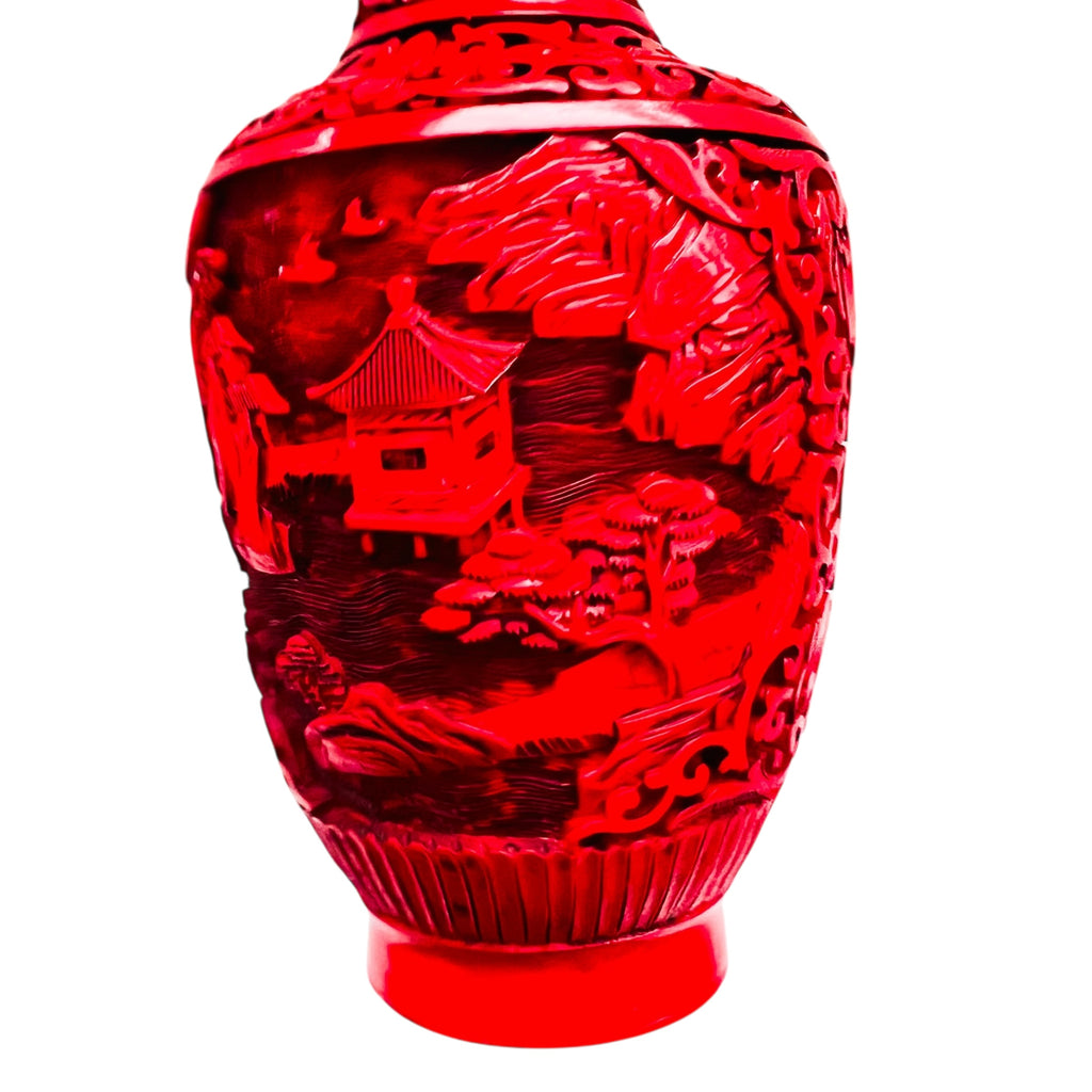 Vintage Chinese Carved Lacquer Cinnabar Village Scene Vase