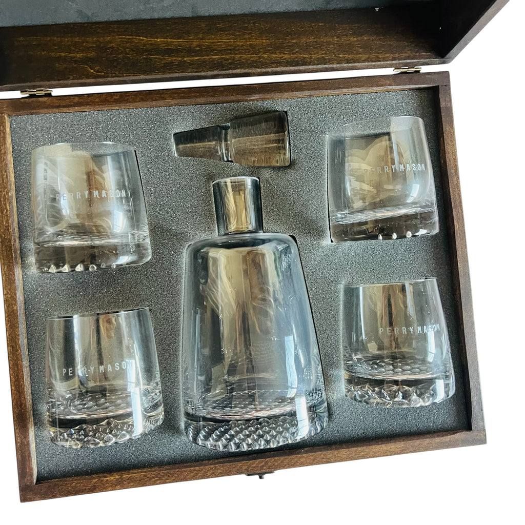 Perry Mason HBO Decanter Glass Set Signed Collector Wood Box