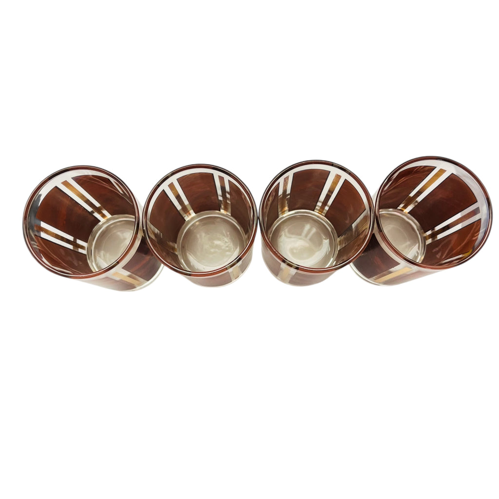 Vintage Libbey Brown Wood Grain Gold Stripe Drinking Glasses Set Of 4
