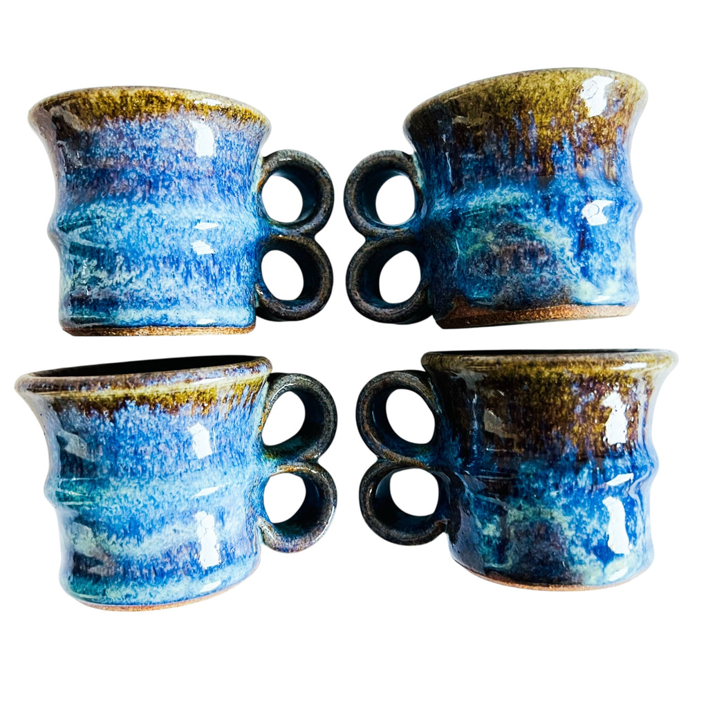 Studio Art Pottery Blue Drip Glaze Stoneware Mugs Set