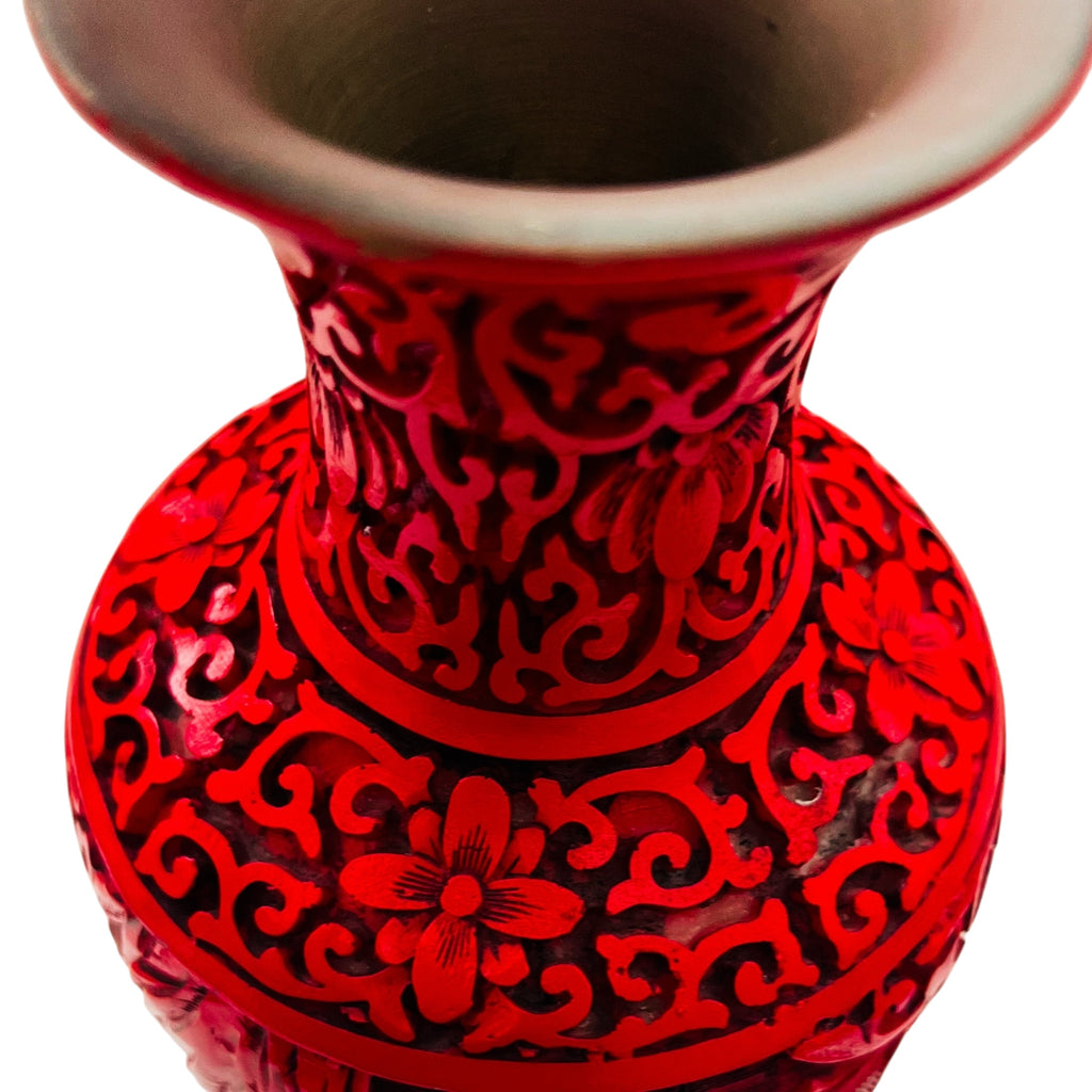 Vintage Chinese Carved Lacquer Cinnabar Village Scene Vase