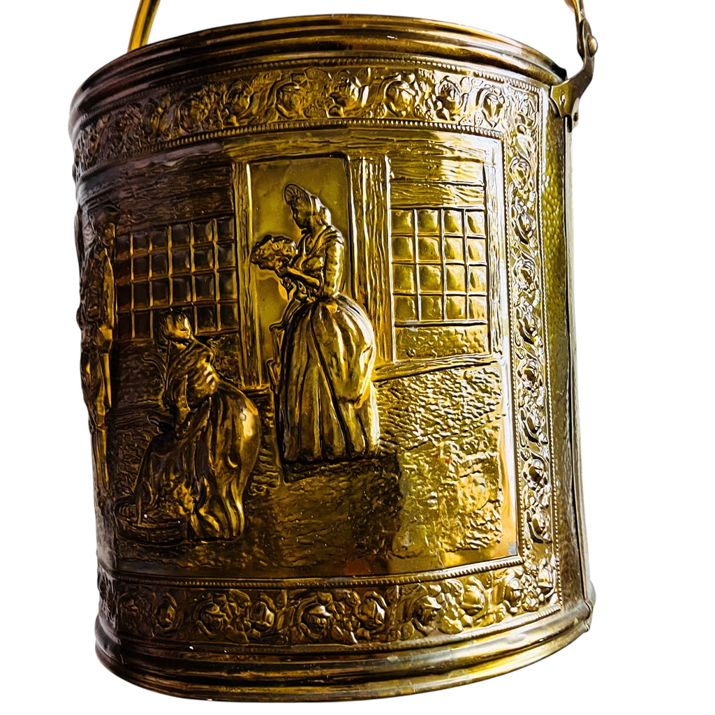 Vintage Brass Colonial Scene for Coal or Firewood Brass Bucket with Handle