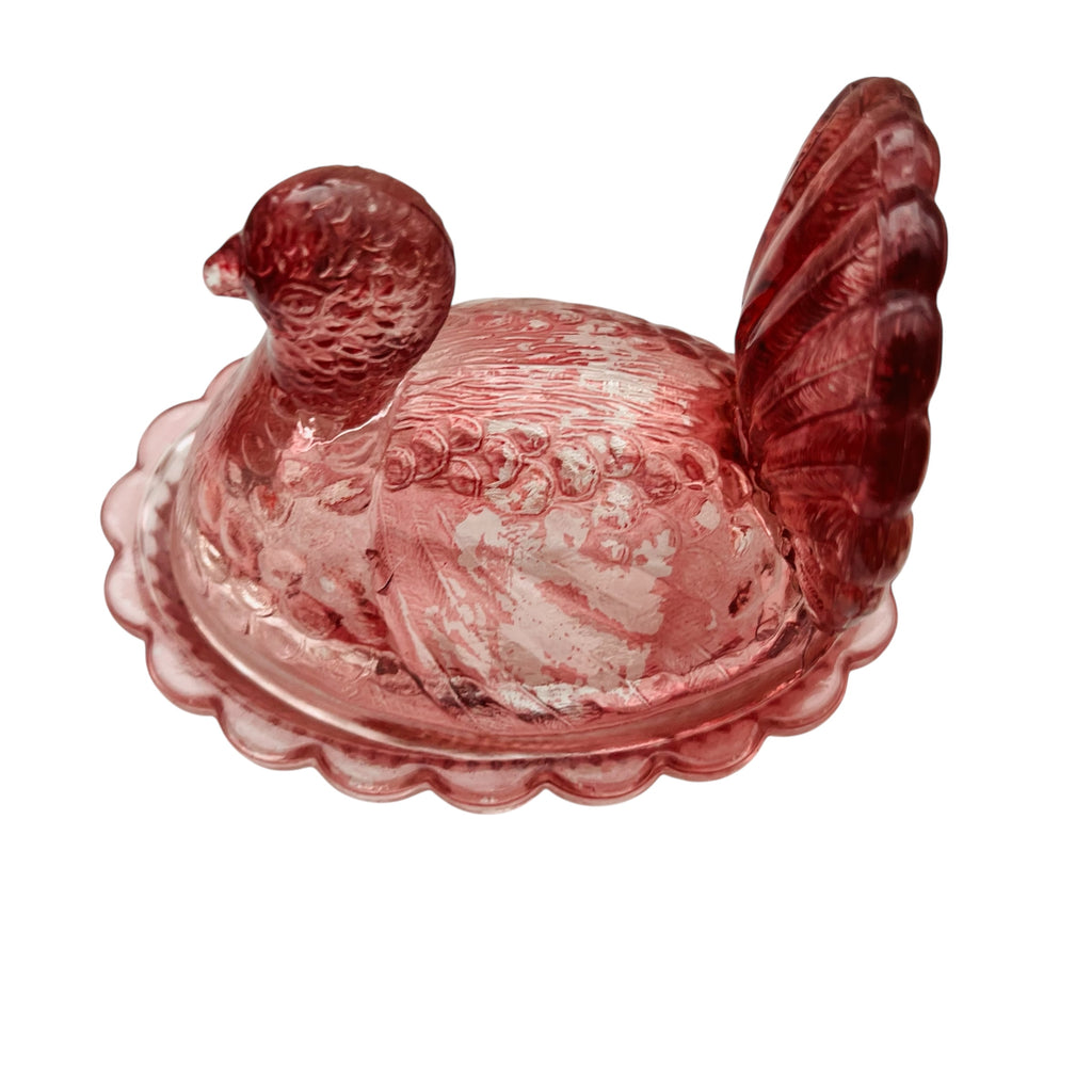 Vintage Glass Cranberry Hen on Nest Candy Dish