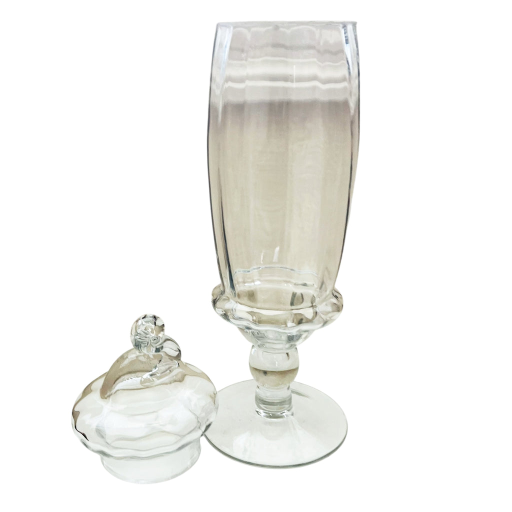 Vintage Apothecary Jar Tall Candy Dish Clear Glass Footed Lidded Canister