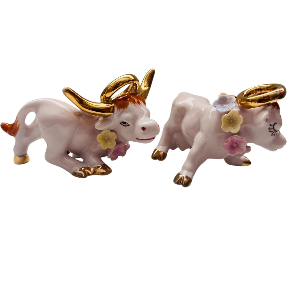 Vintage Bisque Long Horn Bull Angel Cow Applied Flowers Figurines