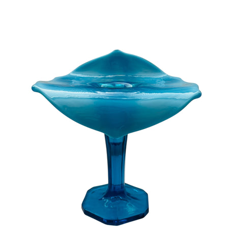 Vintage Opalescent Blue Art Glass Hexagon Base JIP Jack in Pulpit Vase