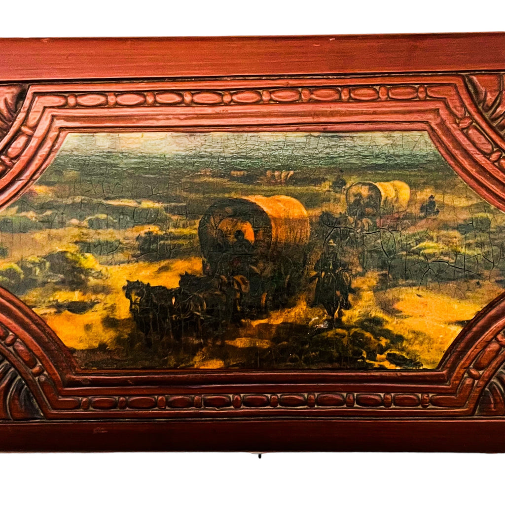 Antique Hand Carved Wooden Western Scene Covered Wagons & Cowboys Keepsake Box