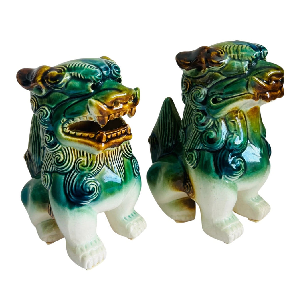 Vintage Green Ceramic Foo Dog Statues - Pair