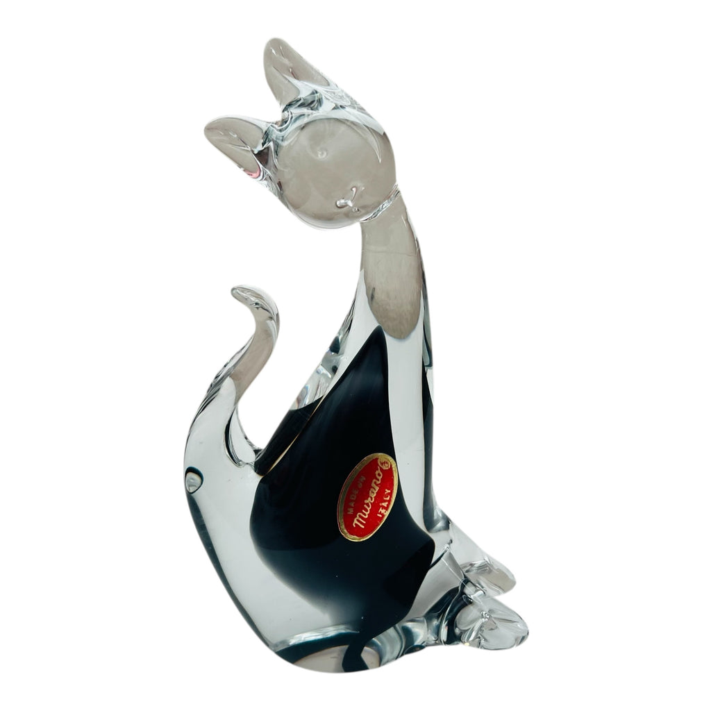 Vintage Murano Italy Black Clear Glass Seated Cat Figurine Sculpture