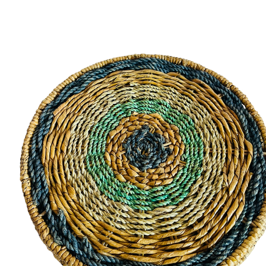 Handwoven Round Seagrass Placemats with Green & Navy Accents (Set of 4)