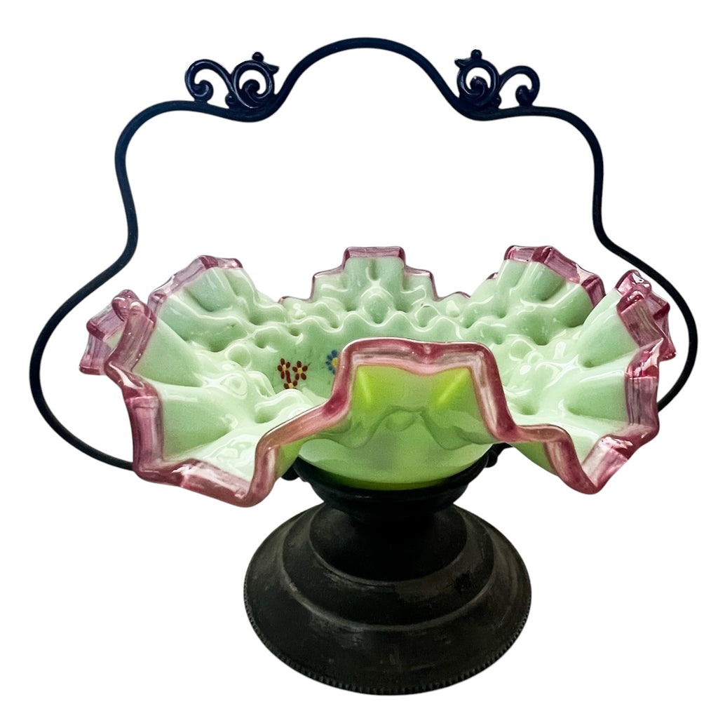 Antique Bridal Bowl With Holder St.Louis Silver Co Cased Glass Hand Painted Floral Design Ruffled Trim Basket