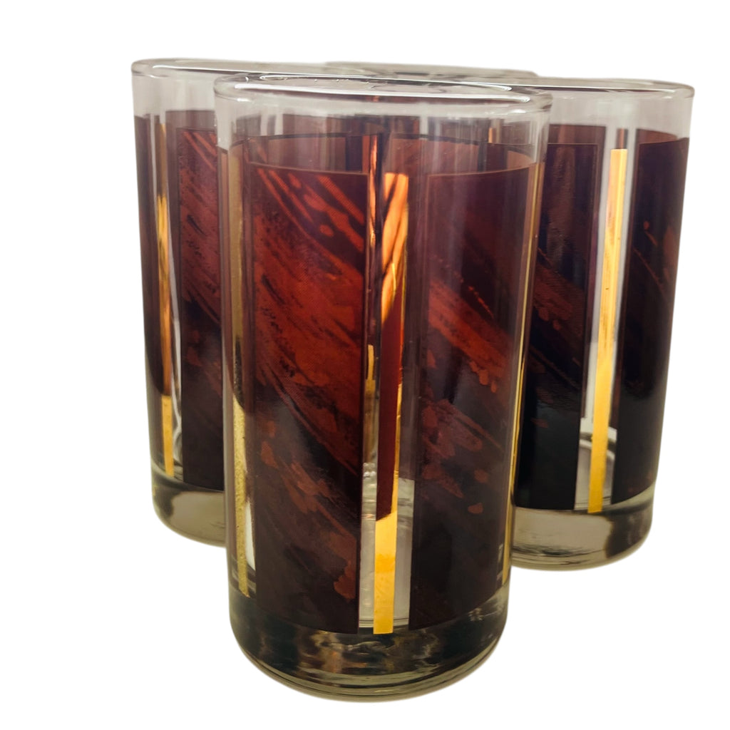 Vintage Libbey Brown Wood Grain Gold Stripe Drinking Glasses Set Of 4
