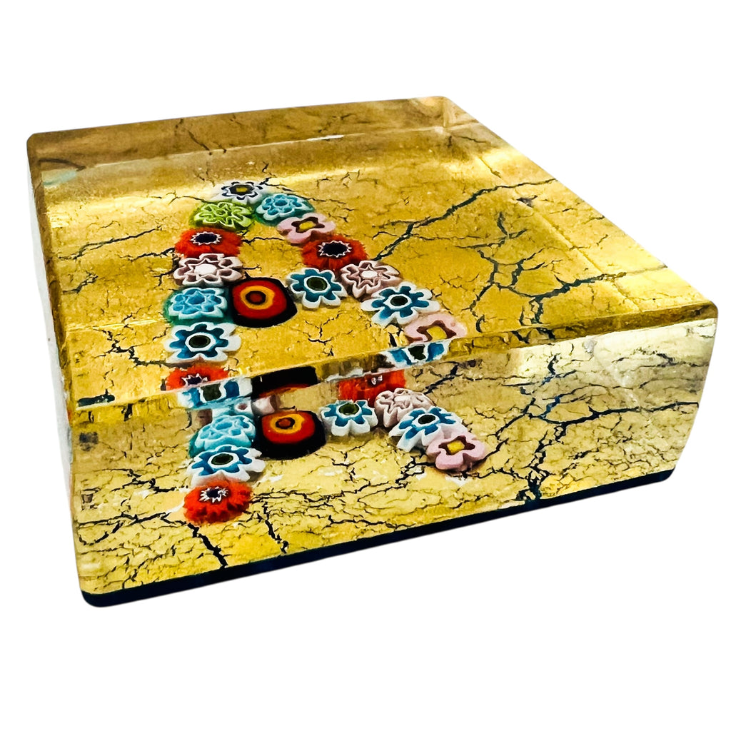 Murano Millefiori “Letter A” Square Gold Glass Paperweight