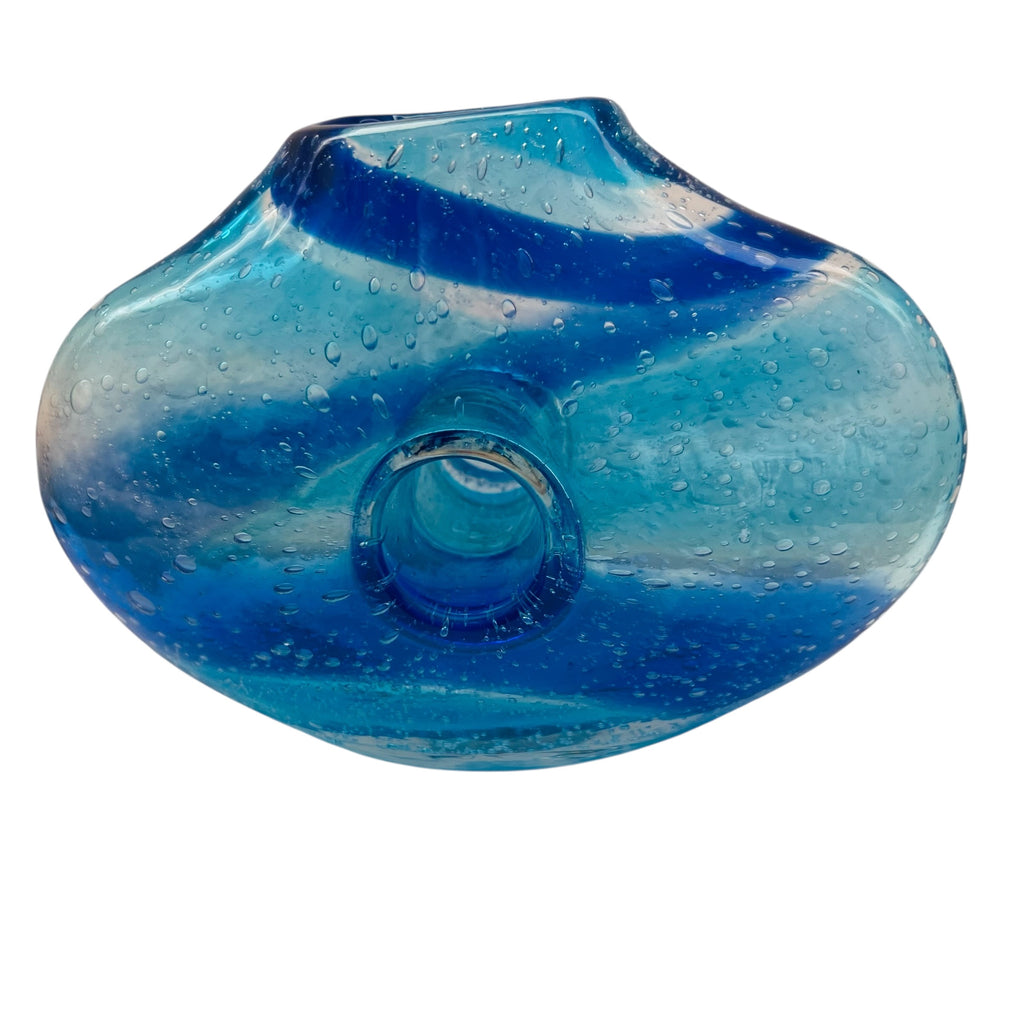 Vintage Hand Blown Art Glass Blue Donut Hole Vase